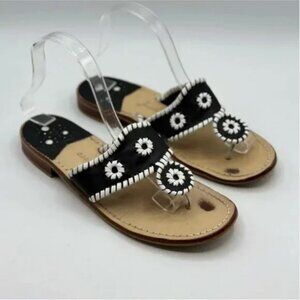 Jack Rogers Women's Flat Sandal Black w/ White Whipstitch Size 8